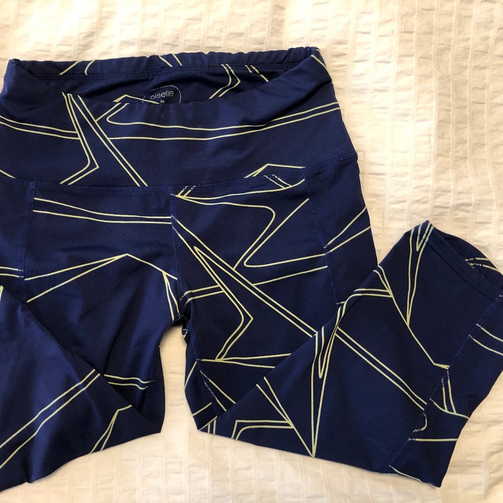 Oiselle 3/4 Length Capri Running Tight Size 6 Blue with Yellow Stripes